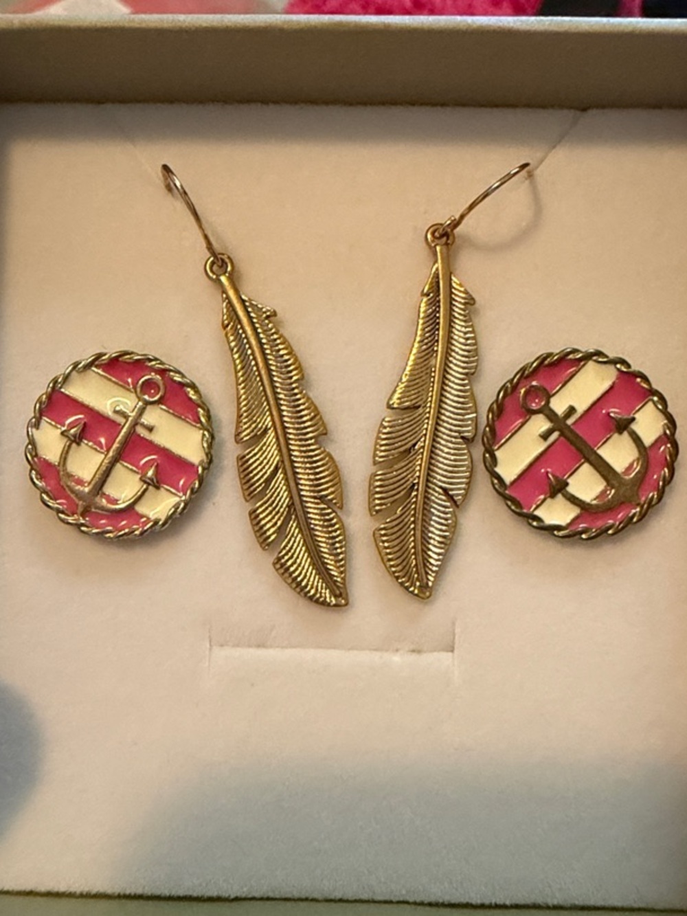 Gold Feather Drop Earrings and Pink Anchor Stud Set